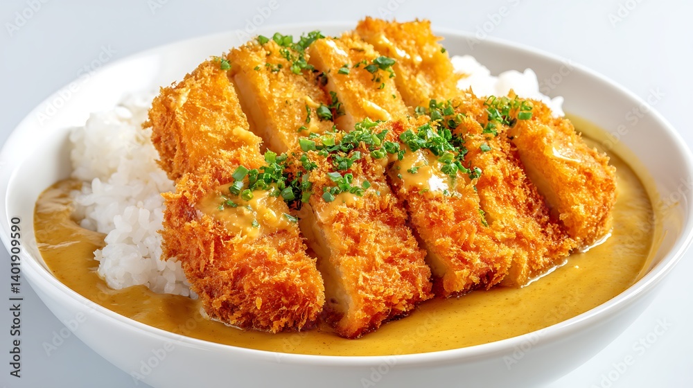 tofu katsu curry with crispy breaded tofu cutlets over rice on a white background tofu katsu curry with crispy breaded tofu cutlets over rice on a white background