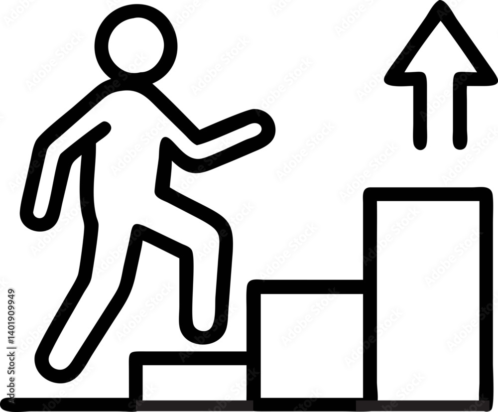 stick figure is climbing stairs with upward arrow, symbolizing progress and growth. simple black and white design conveys motivation and ambition stick figure is climbing stairs with upward arrow, symbolizing progress and growth. simple black and white design conveys motivation and ambition