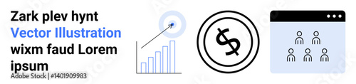 Graph tracking upward growth, dollar icon symbolizing financial goals, and a team interface window. Ideal for finance, teamwork, analytics, growth, performance, collaboration abstract line flat