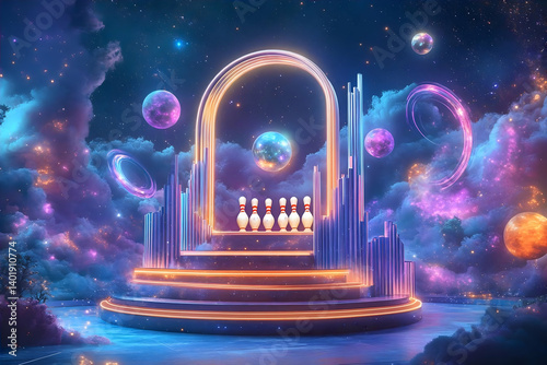 Cosmic Bowling Scene: Glowing Pins Under a Starry Night Sky