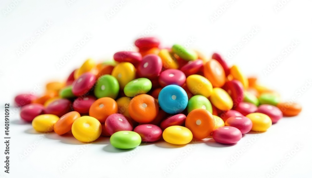 Pile of colorful candy and chips on white background, high calorie, candy Pile of colorful candy and chips on white background, high calorie, candy