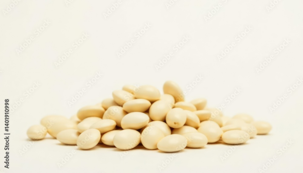 Pile of white beans against a bright white backdrop, clean, simple Pile of white beans against a bright white backdrop, clean, simple