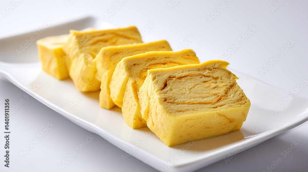 lose-up of japanese tamagoyaki rolled omelet cut into neat slices, showcasing the delicate texture on a white plate lose-up of japanese tamagoyaki rolled omelet cut into neat slices, showcasing the delicate texture on a white plate