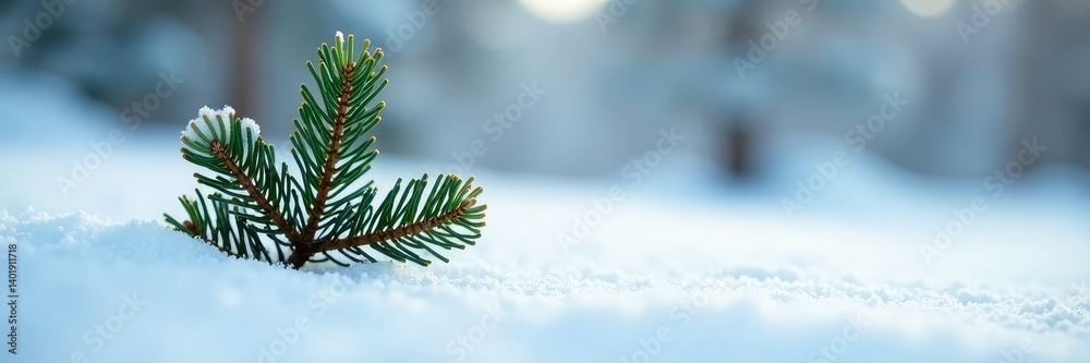 Naklejka premium Single Pine Tree Branch on Snowy White Ground, evergreen, frost