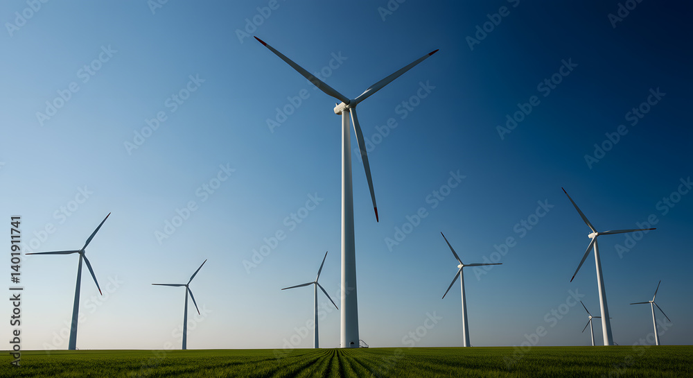 Towering Wind Turbines Over Green Fields and Blue Skies