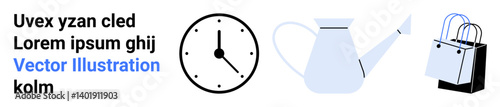 Clock with dots marking hours, light blue watering can spout angled forward, and simple shopping bag. Ideal for time management, gardening, shopping, minimalism, lifestyle, organization flat landing