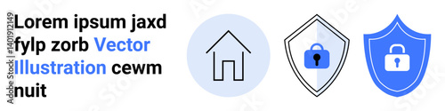 House icon, shield with lock, and secure badge emphasizing protection, privacy, and digital safety. Ideal for home security, online safety, cybersecurity, insurance protection privacy policy flat