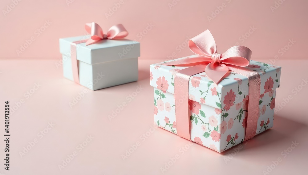 Obraz premium Subtle pastel gift boxes, delicate floral pattern, backdrop, background