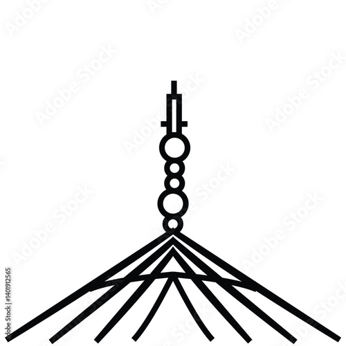 A line drawing of a triangular structure with the ends of a circle-shaped stacked with a pointed end.
