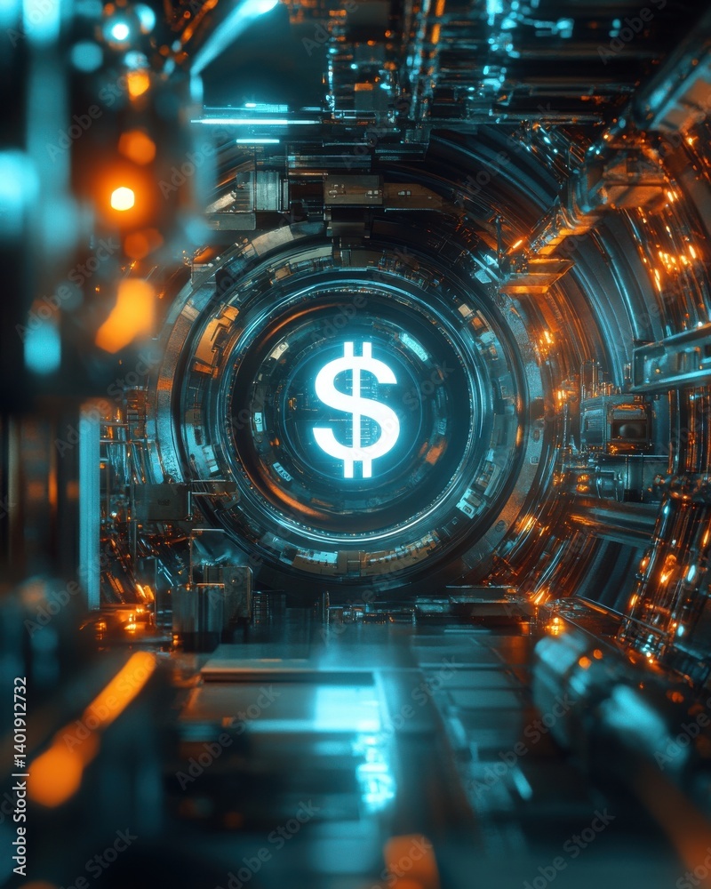 Fototapeta premium Confidence Unlocked Glowing Neon Dollar Sign in Futuristic Digital Tunnel