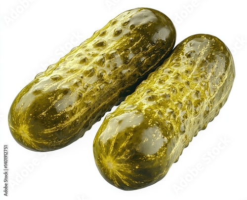 Two dill pickles, glistening with brine