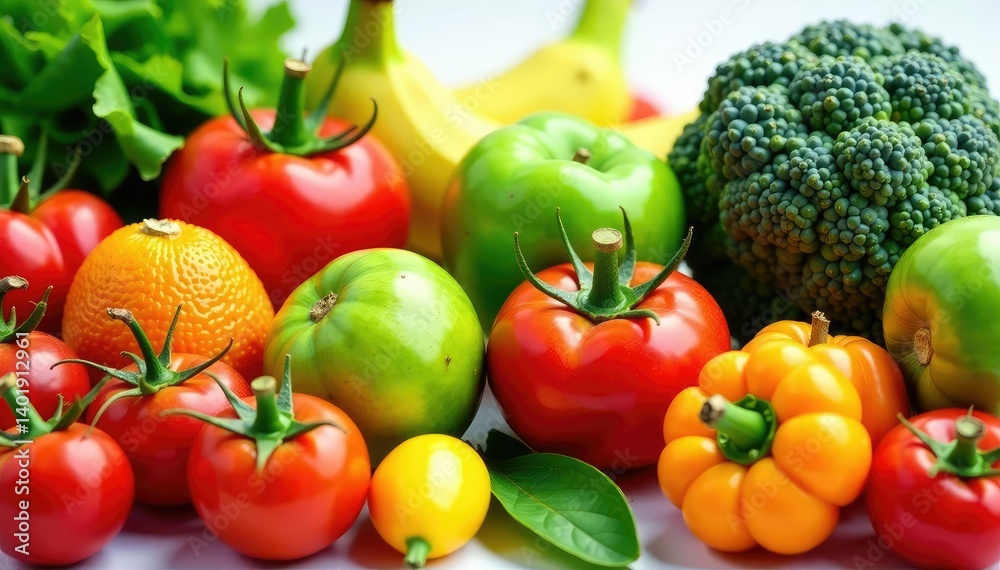 Variety of organic fruits & vegetables, isolated , vegan, healthy eating, colorful Variety of organic fruits & vegetables, isolated , vegan, healthy eating, colorful