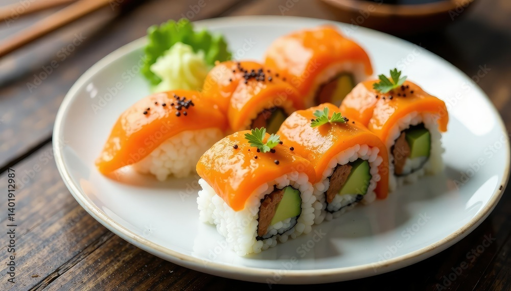 Variety of sushi rolls on white plate, soy sauce , rice, seafood, isolated Variety of sushi rolls on white plate, soy sauce , rice, seafood, isolated