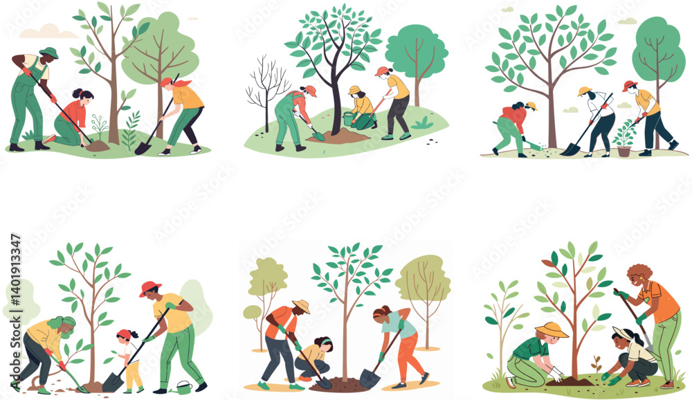 Fototapeta premium Flat Illustration of Eco-Friendly Activities and Tree Planting for Environmental Awareness.