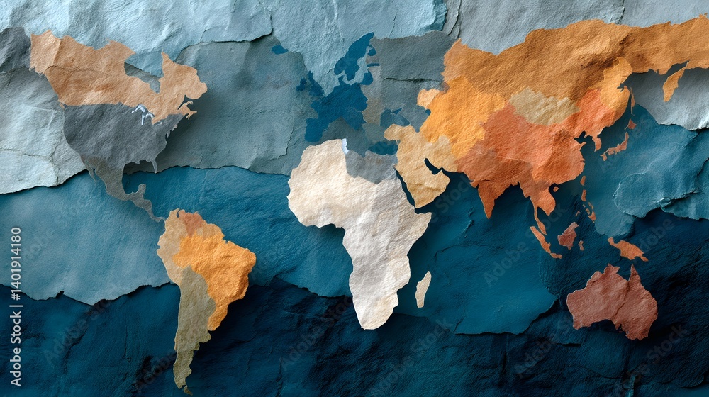 Fototapeta premium Colorful Artistic World Map with Textured Paper Elements in Earthy Tones and Blues for Global Themes