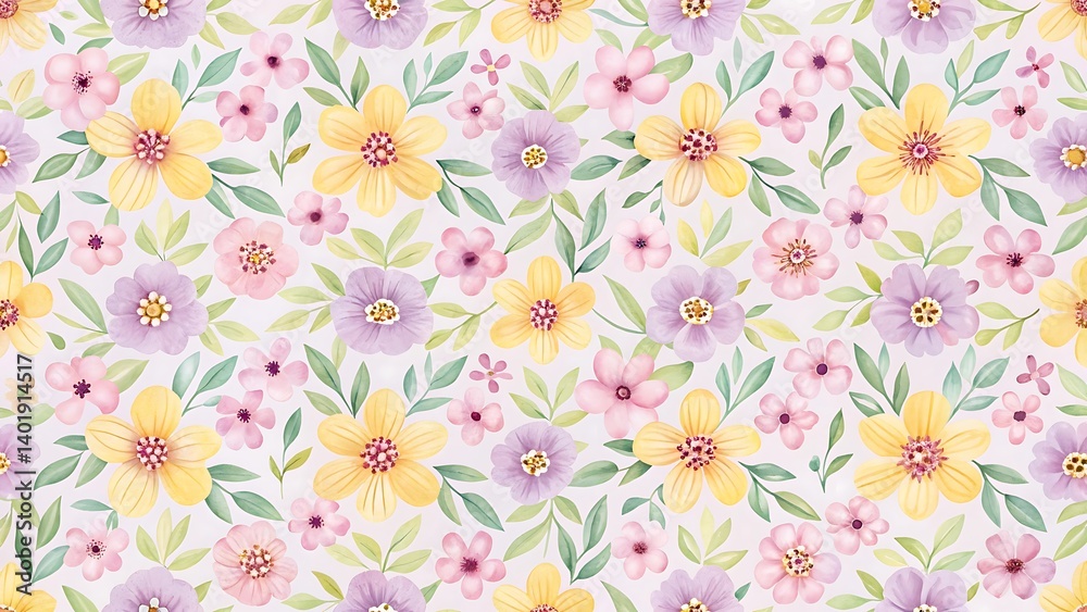 Fototapeta premium Pastel floral seamless pattern. Watercolor flowers background.