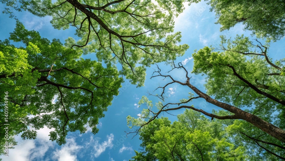 Fototapeta premium Green Tree Branches In Blue And Sunny Sky