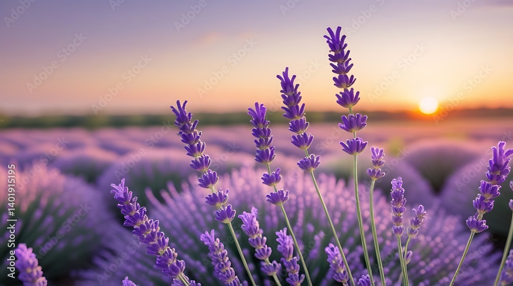 Obraz premium Close-up of lavender flowers in full bloom at dawn, showcasing natural beauty, tranquility, and peaceful rural scenery in a fragrant floral landscape during golden hour