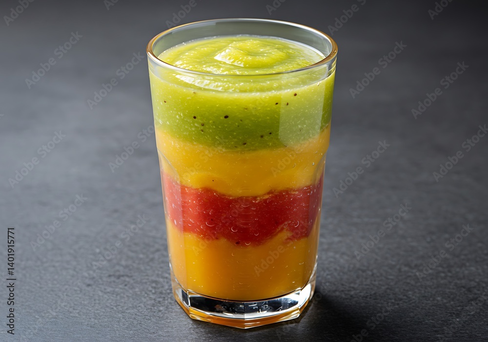 Layered Fruit Smoothie in Glass with Kiwi Strawberry and Mango Layered Fruit Smoothie in Glass with Kiwi Strawberry and Mango