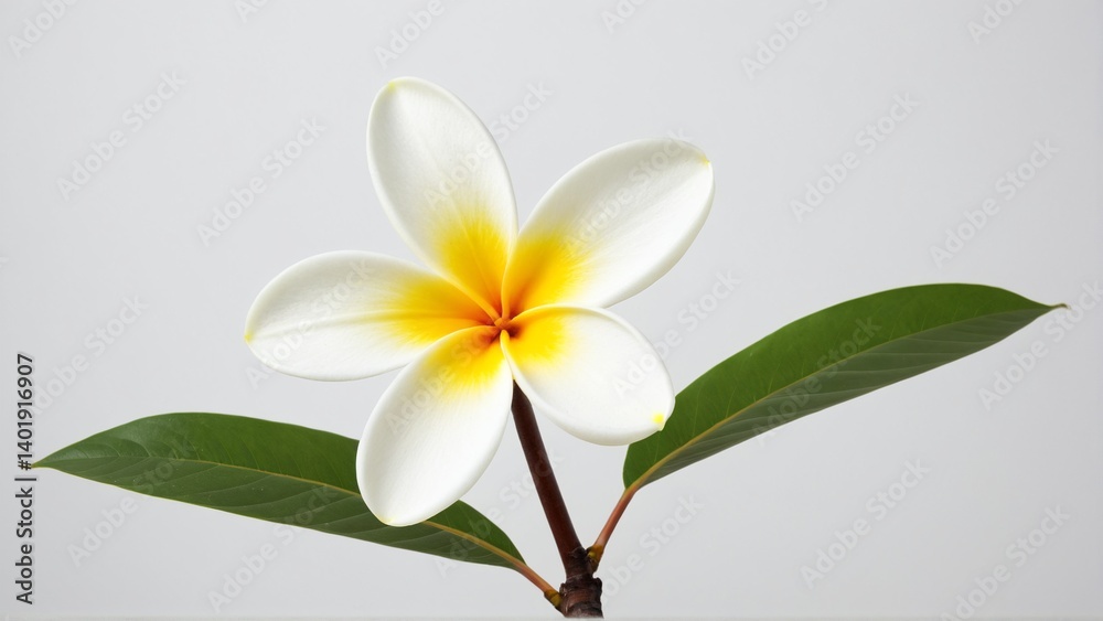 Obraz premium A Captivating Blossom: The Frangipani Flower Showcases Its Delicate White Petals and Vivid Yellow Center in a Serene Floral Portrait.