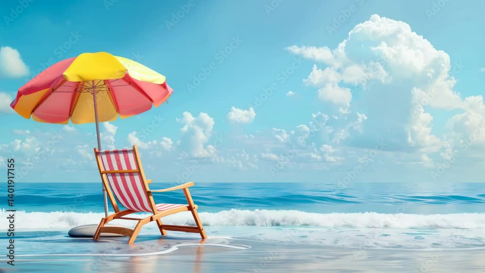 Empty beach chair and umbrella by ocean with waves and clouds, tropical summer motion footage for travel, vacation or relaxation scenes
