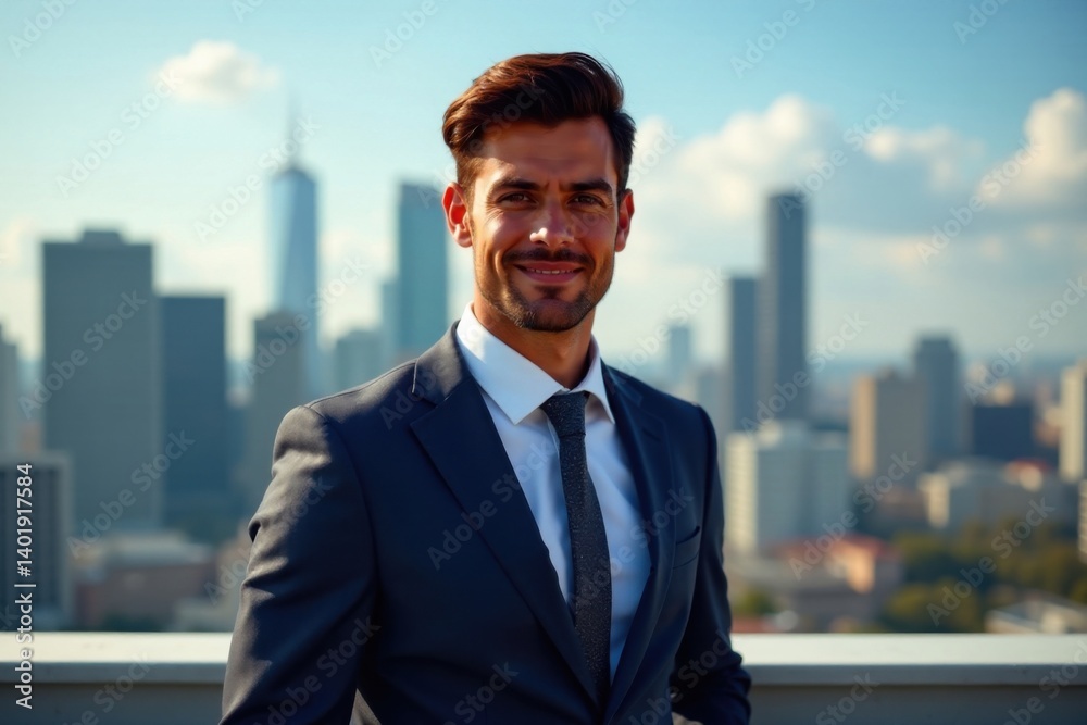 Stylish young executive standing in front of city skyline, career, suit, ambition