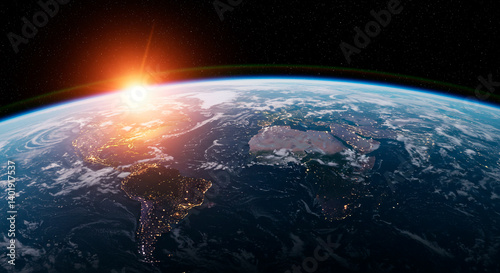 Earth from Space: A breathtaking view of our planet with continents, oceans, clouds, and sunrise.