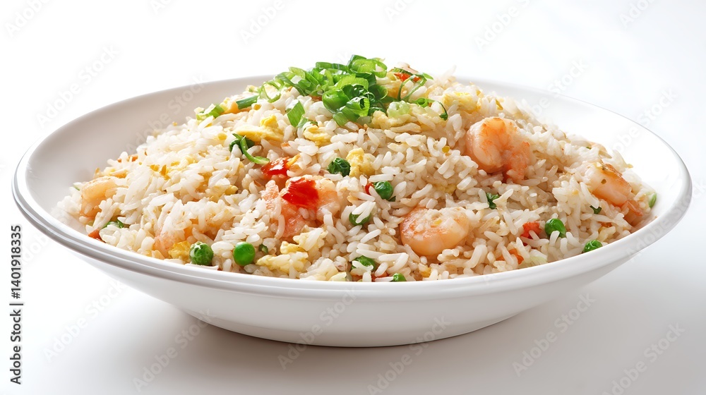 vibrant shrimp fried rice with egg and scallions on a clean plate
