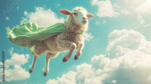 Surreal flying lamb with superhero costume celebrating Islamic Eid al-Adha festival in bright sunny sky


