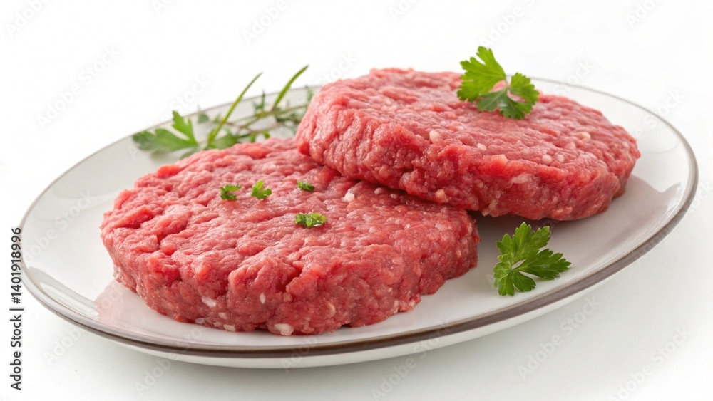 Plate With Fresh Raw Ground Beef Isolated On White background Plate With Fresh Raw Ground Beef Isolated On White background