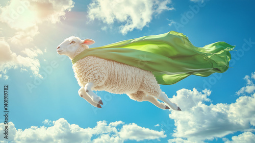 Funny flying sheep with green superhero cape in blue sky for creative Eid al-Adha and Qurban celebration concept
