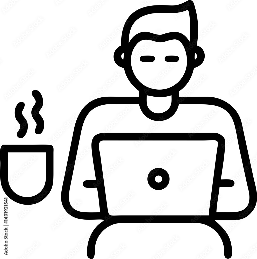 person is sitting at desk with laptop, accompanied by steaming cup of coffee, suggesting focused and productive work environment. simple line art style adds modern touch person is sitting at desk with laptop, accompanied by steaming cup of coffee, suggesting focused and productive work environment. simple line art style adds modern touch