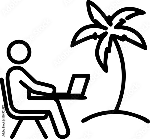 person working on laptop under palm tree symbolizes remote work or digital nomad lifestyle. simple line art conveys sense of freedom and flexibility