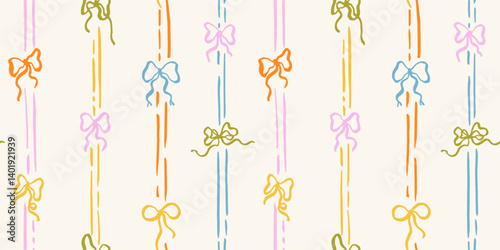 Seamless pattern with doodle bows and lines. Trendy vertical stripe background. Hand drawn vector illustration. Coquette wrapping paper, wallpaper, social media cottage core banner.