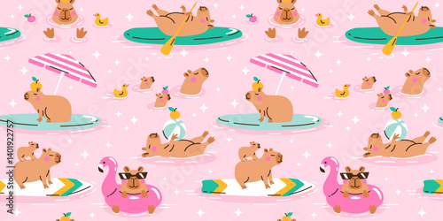 Seamless pattern with Cute capybara swimming in water. Hand drawn vector illustration. Naive childish background. Cool comic summer characters, kids poster, card, social media.