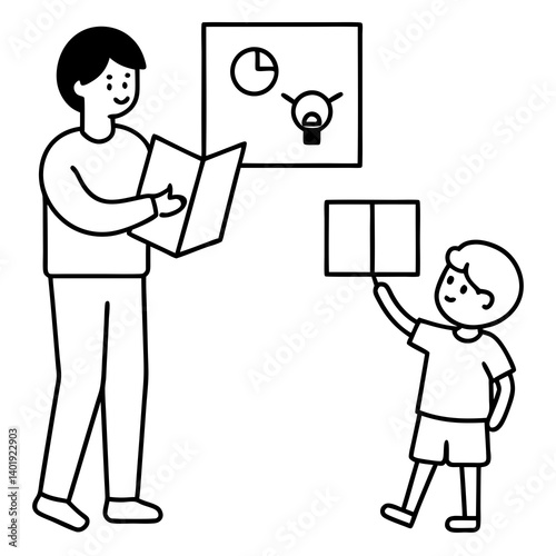 a child holding a book and looking at a vision boa