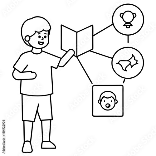 a child holding a book and looking at a vision boa