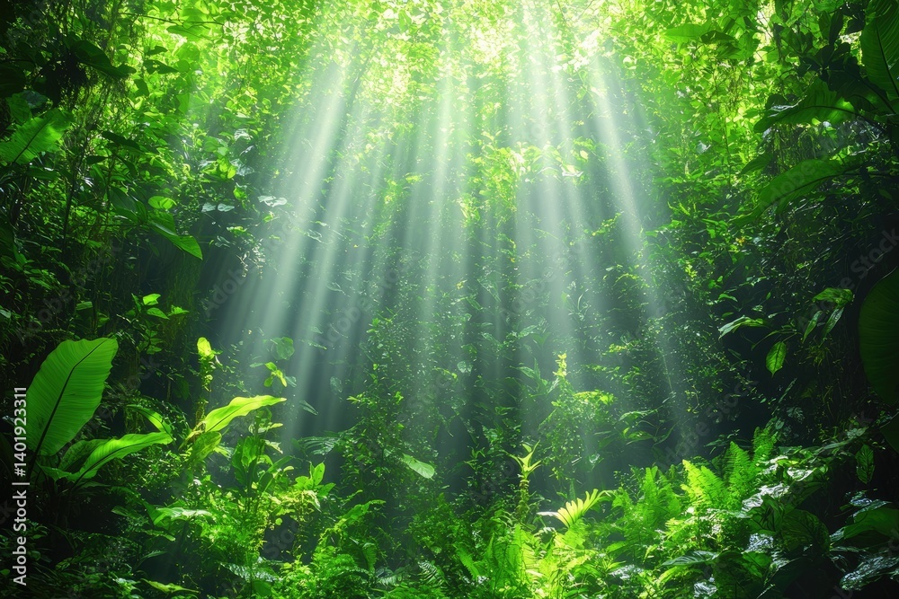 Fototapeta premium Sunlight filters through a dense canopy of green leaves, creating a lush, vibrant, natural scene