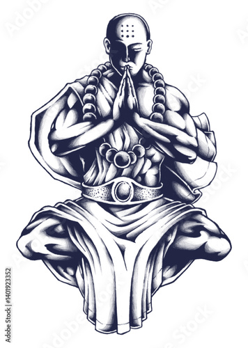 Serene Monk in Lotus Pose: A powerful illustration of a monk in a meditative lotus pose, radiating serenity and spiritual strength.