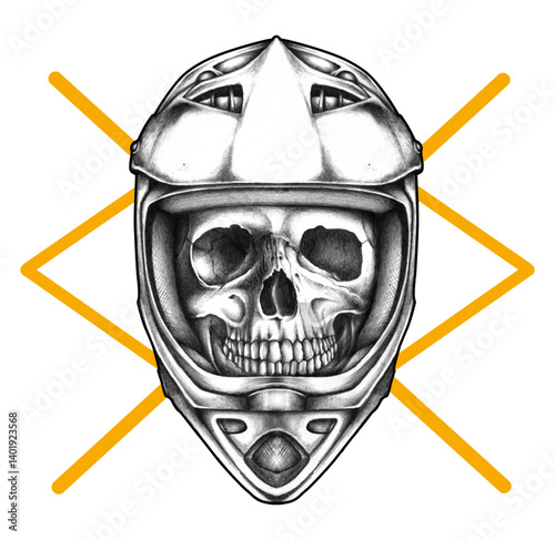 Unveiling Mortality's Ride: An artistic rendering of a skull encased within a motocross helmet.