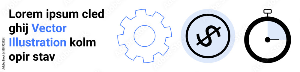 Gear symbolizing workflow, dollar sign in a circle for financial focus, and stopwatch for time tracking. Ideal for business strategy, efficiency, budget planning, management, deadline optimization Gear symbolizing workflow, dollar sign in a circle for financial focus, and stopwatch for time tracking. Ideal for business strategy, efficiency, budget planning, management, deadline optimization