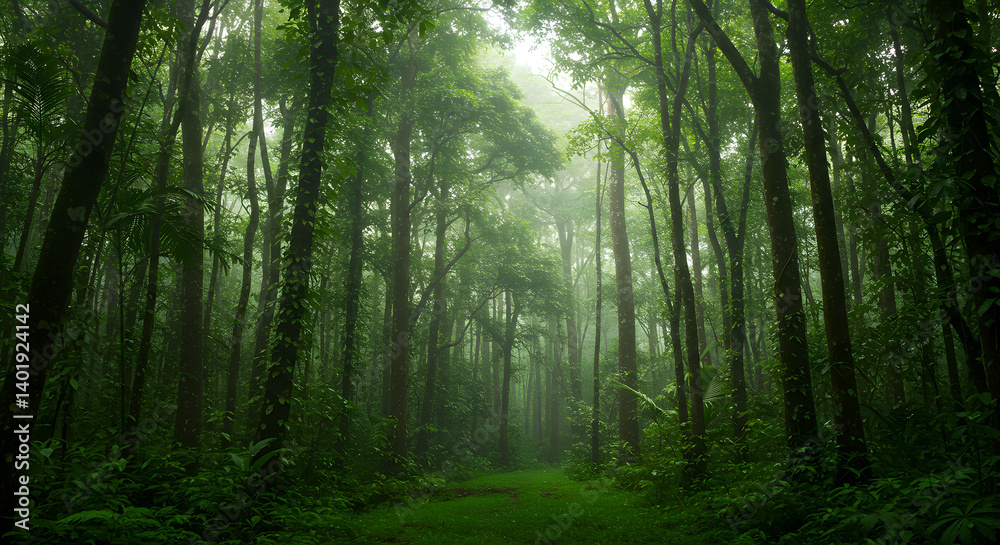 Sunlight Through Canopy in Dense Tropical Rainforest with Mist and Vines Sunlight Through Canopy in Dense Tropical Rainforest with Mist and Vines