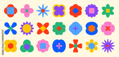 Brutalism flowers shapes, minimalist geometric spring elements, abstract bauhaus forms. Simple flower shape set, trendy modern graphic element. Flat style vector illustration.
