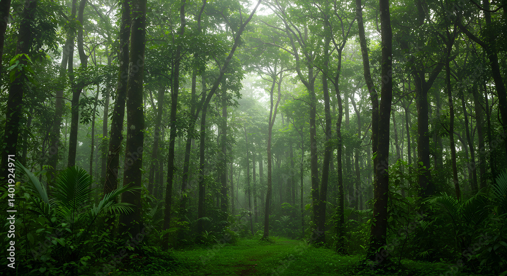 Sunlight Through Canopy in Dense Tropical Rainforest with Mist and Vines Sunlight Through Canopy in Dense Tropical Rainforest with Mist and Vines