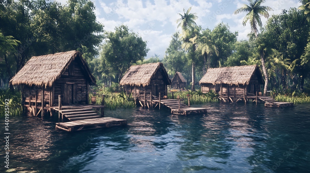 Tropical village huts on stilts in a lush forest Tropical village huts on stilts in a lush forest