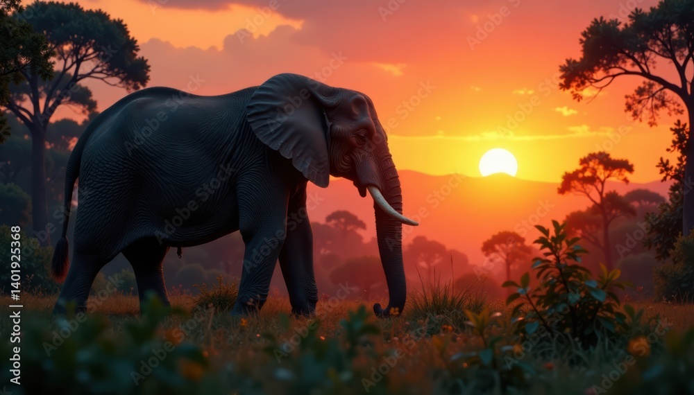 Fototapeta premium A large elephant's silhouette standing in front of a jungle at sunrise, trees, forest
