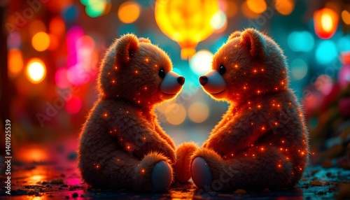 Two Teddy Bears Facing Each Other in a Bokeh Setting