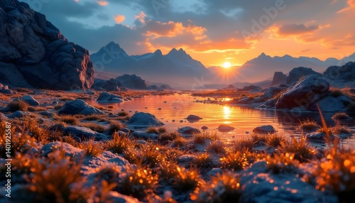 Golden Sunset Over a Rocky Mountain Lake