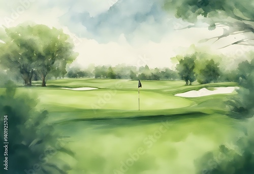 hand beautiful watercolor background field illustration rich green view golf turf drawn course country recreation sport relax leisure game golfing ball lawn golfer man drive activity play club hobby