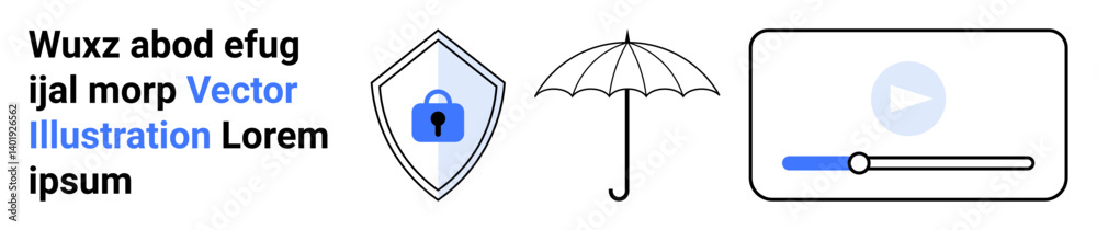 Shield with lock, umbrella symbol, video player interface with play button and slider. Ideal for cybersecurity, insurance, media, content protection, safety iconography, digital services flat Shield with lock, umbrella symbol, video player interface with play button and slider. Ideal for cybersecurity, insurance, media, content protection, safety iconography, digital services flat